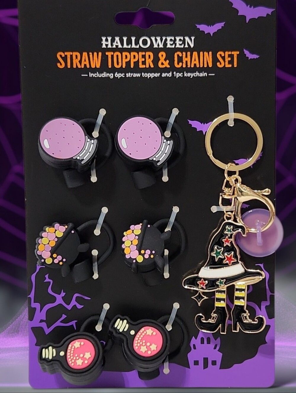 Halloween Straw Toppers & Key Chain 7-Piece Set